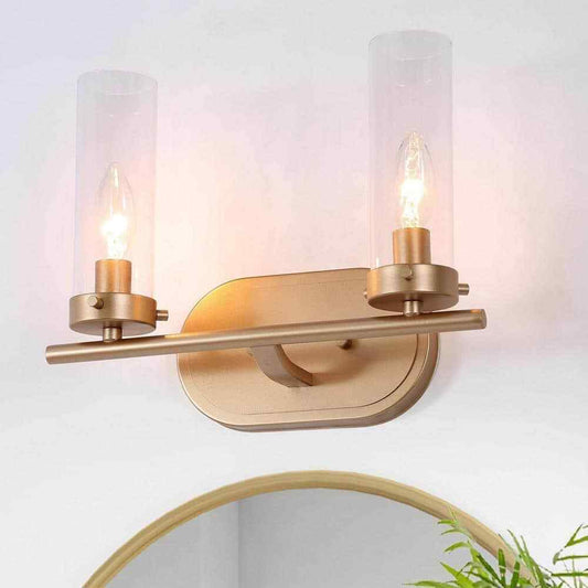 LNC Modern Brass Gold 2-Light Candlestick Vanity Light with Clear Cylinder Shade
