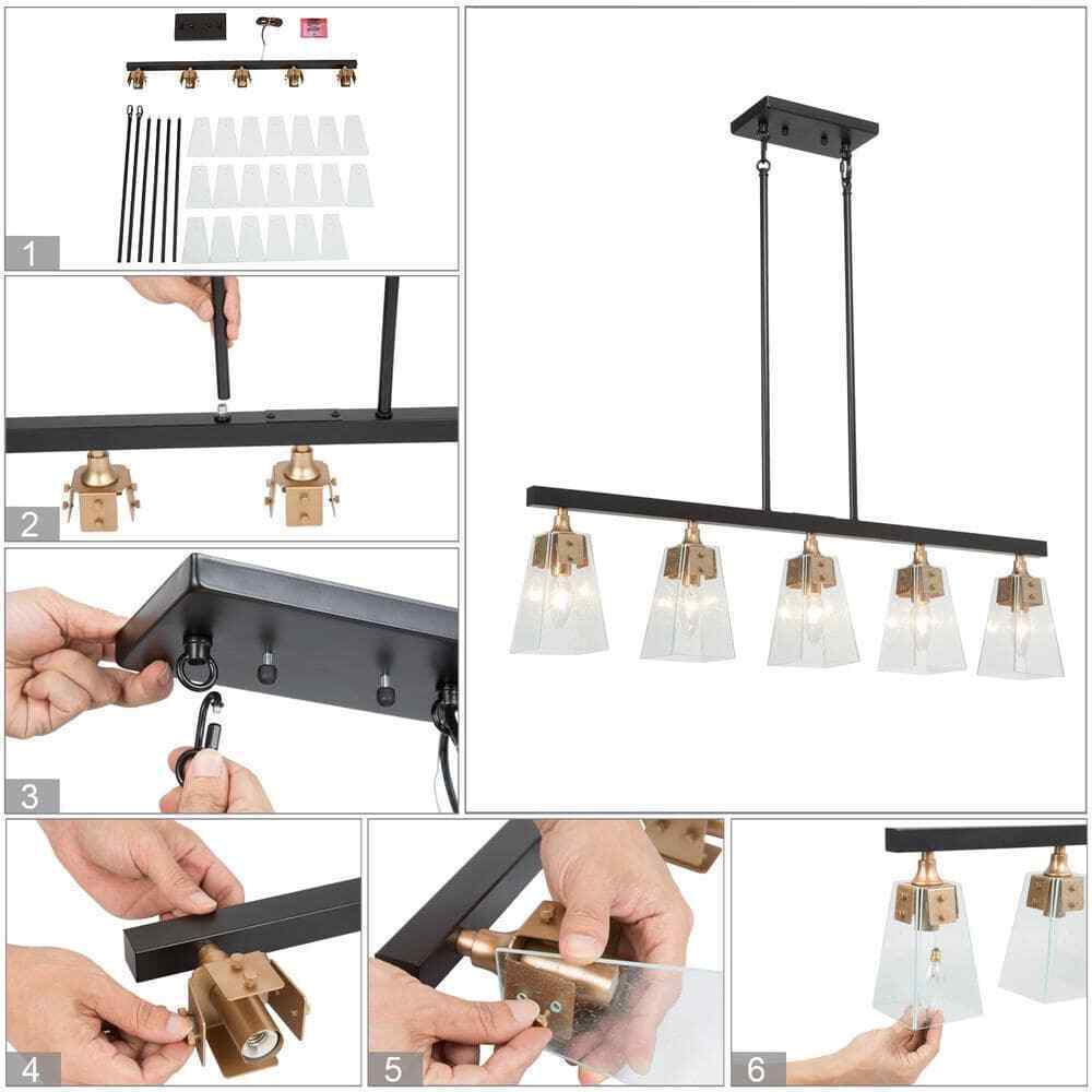 Uolfin Modern Farmhouse Gold Chandelier Black Dining Chandelier w/ Seeded Glass