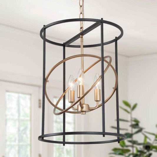 LNC Gold/Black Drum Candlestick 3-Light Transitional Cylinder Cage Pendant Light
