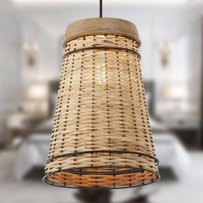River of Goods Soren 1-Light Tan Hanging Pendant Metal/Wood/Rattan Empire Shaded