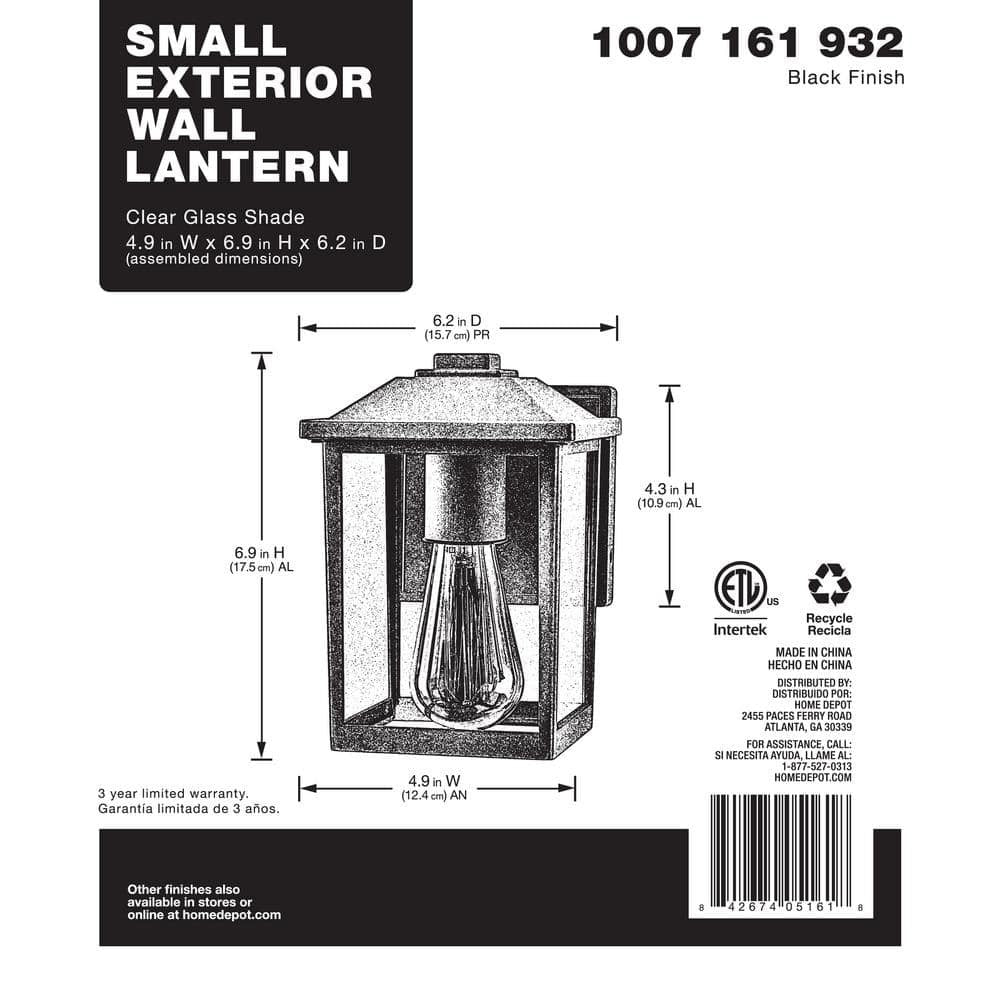 1-Light 7" Black Hardwired Classic Outdoor Wall Light Lantern Sconce Clear Glass
