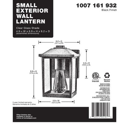 1-Light 7" Black Hardwired Classic Outdoor Wall Light Lantern Sconce Clear Glass