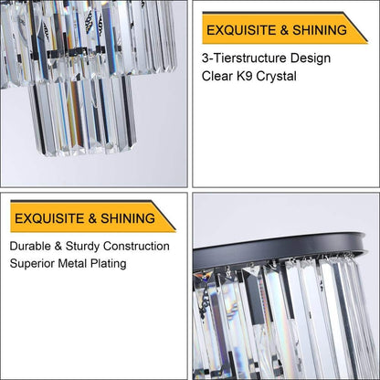 19.7 Black 3-Tier Chandelier Light Fixture Crystal Hanging Light for Living Room