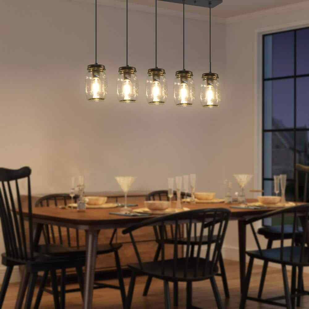 5-Light Matte Black Farmhouse Mason Jar Linear Hanging Kitchen Island Light
