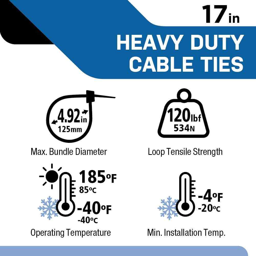 17 in. Heavy Duty 120 lbs. Tensile UL 21S Rated Cable Zip Ties 20-Pack Black