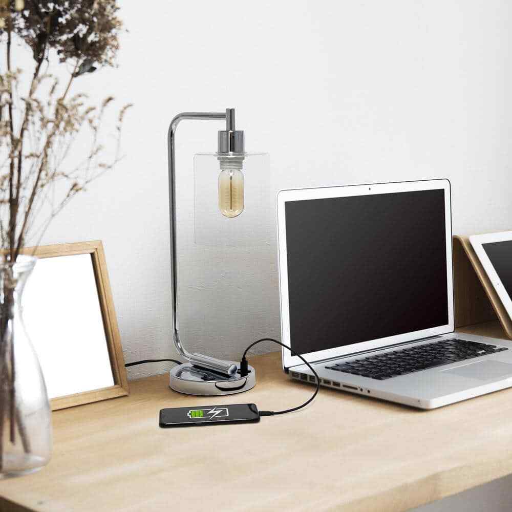 18.8 In. Chrome Industrial Iron Lantern Table Lamp w/ Glass Shade and USB Port 
