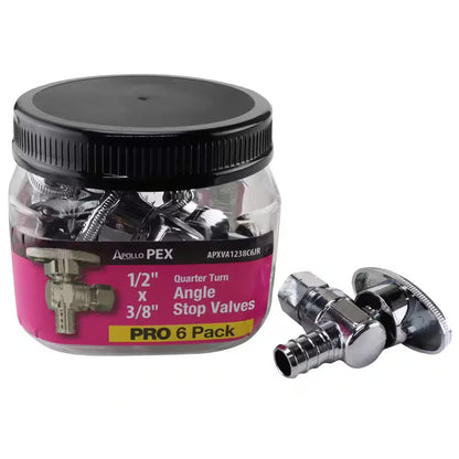 Apollo 1/2" PEX-B Barb x 3/8" Compression Quarter-Turn Angle Stop Valve (6 Pack)