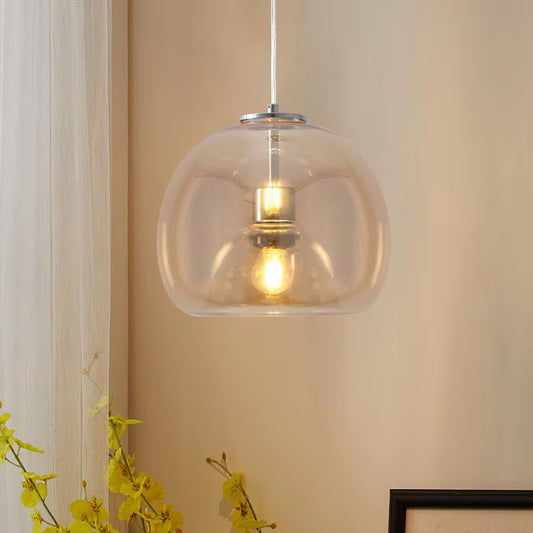 1-Light Chrome Globe Pendant Light Amber Glass for Living Room No Bulbs Included