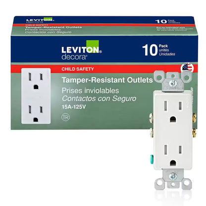 *10 PK* Leviton Decora 15 A 125V Tamper Resistant Duplex Outlet/Receptacle White