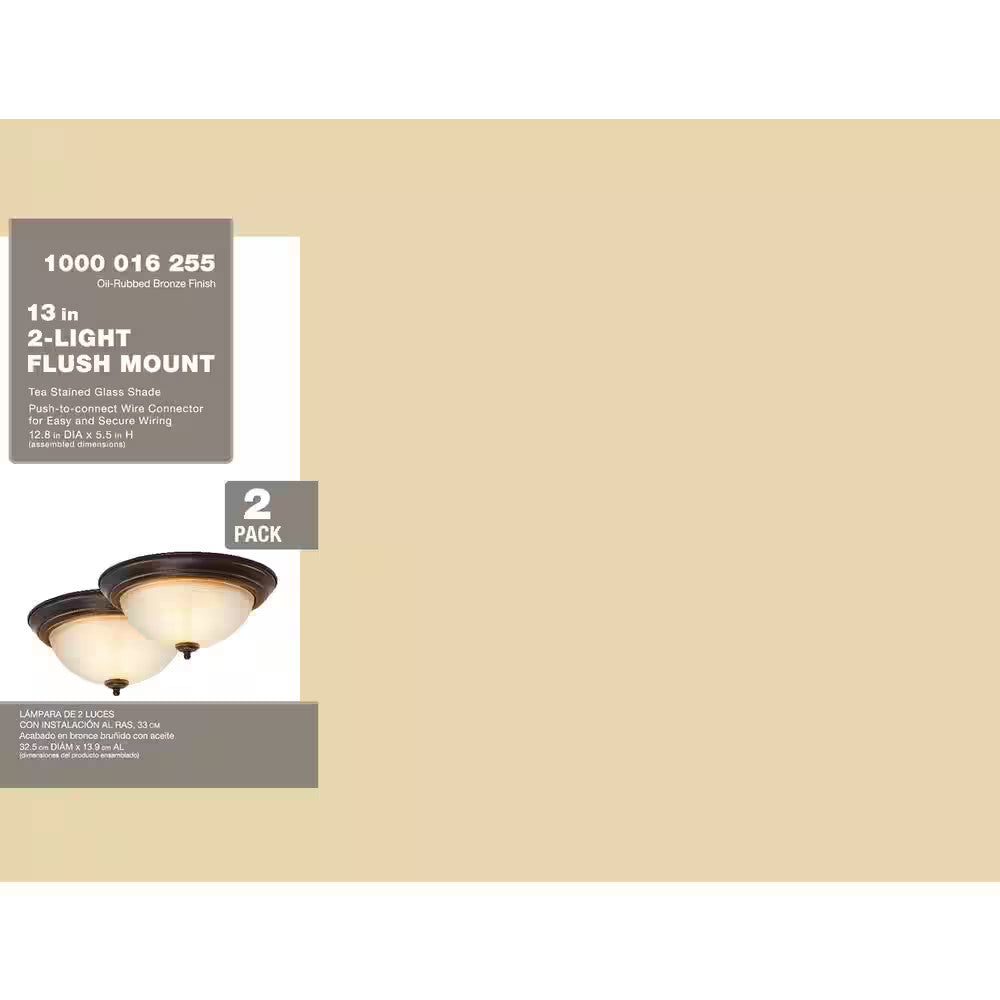 12.75 in. 2-Light Bronze Flush Mount Ceiling Light w/Tea-Stained Glass (2-Pack)
