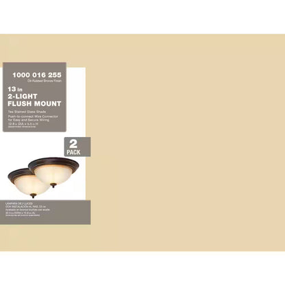 12.75 in. 2-Light Bronze Flush Mount Ceiling Light w/Tea-Stained Glass (2-Pack)