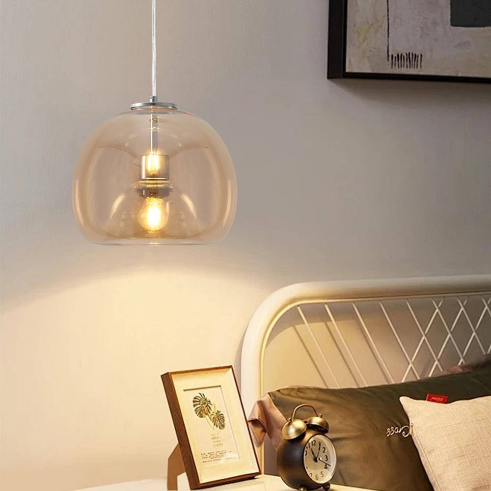 1-Light Chrome Globe Pendant Light Amber Glass for Living Room No Bulbs Included