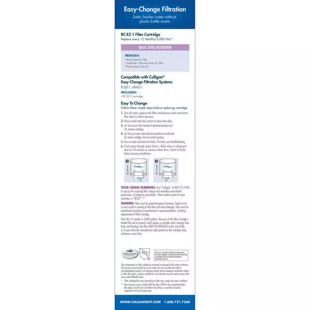 Culligan Replacement Cartridge Easy Change Filter Drinking Water RC-EZ-1