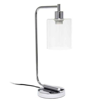 18.8 In. Chrome Industrial Iron Lantern Table Lamp w/ Glass Shade and USB Port 