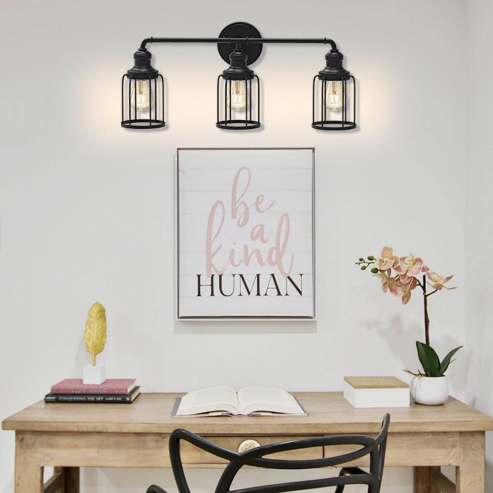 24 in. 3-Light Black Industrial Vanity with Metal Cage Wall Sconce