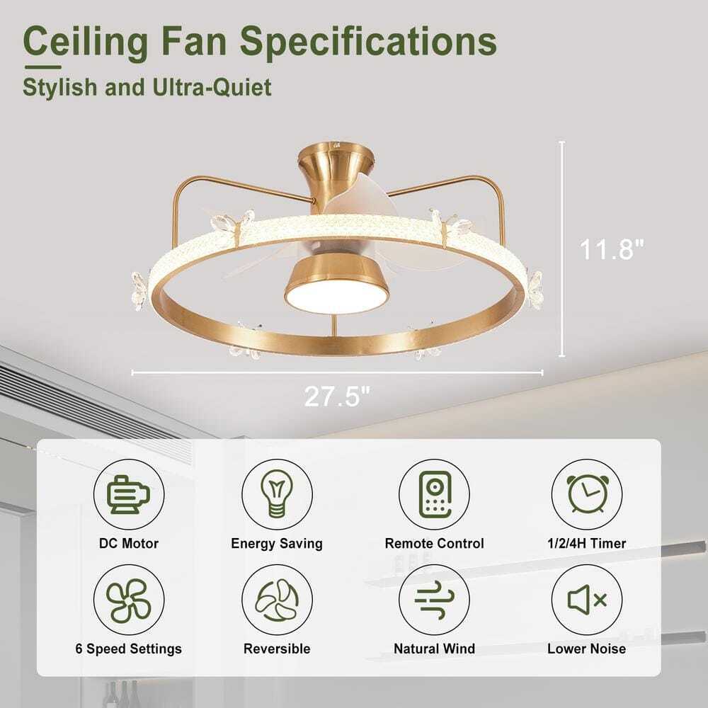 Depuley 28 in. Modern Round Crystal Low Profile Ceiling Fan w/ Caged Light