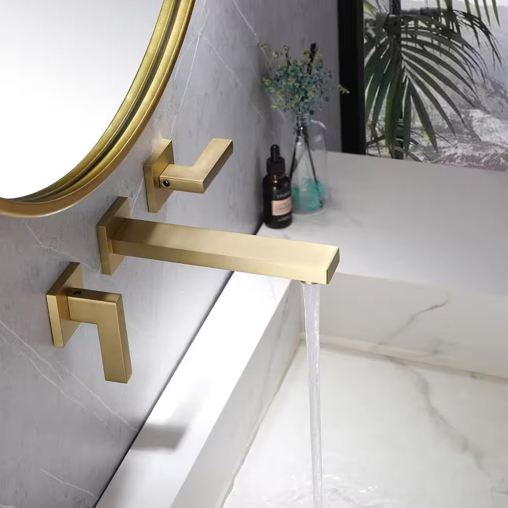 BWE Two-Handle Wall Mounted Bathroom Faucet in Brushed Gold