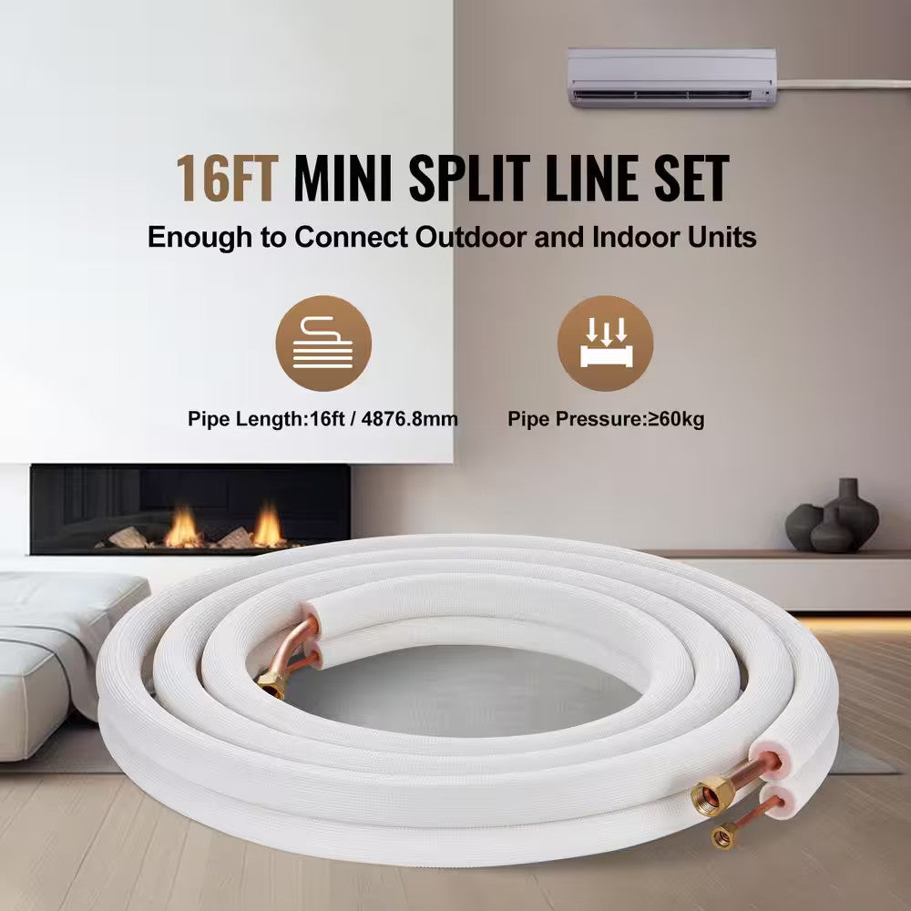 16 ft. Mini Split Line Set 1/4" and 1/2" OD Copper Pipes Tubing with Insulation