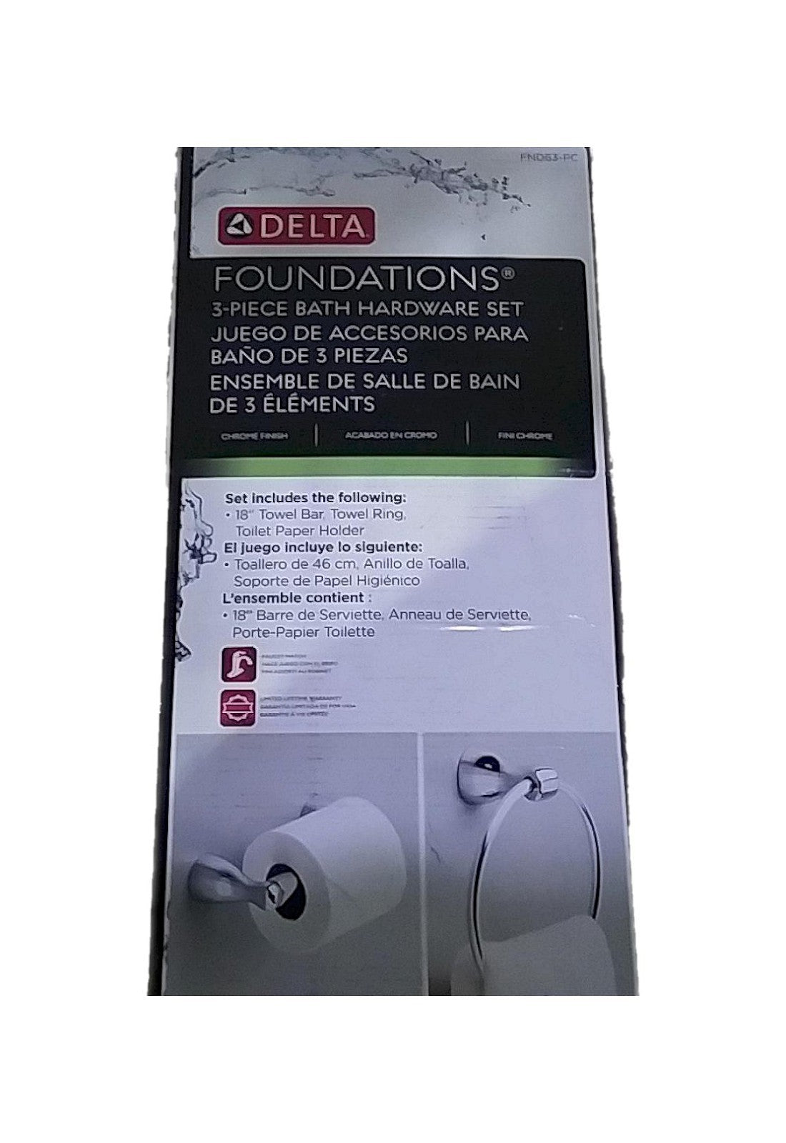 Delta Foundations Towel Ring, Toilet Paper Holder, 18" Towel Bar Chrome FND63-PC