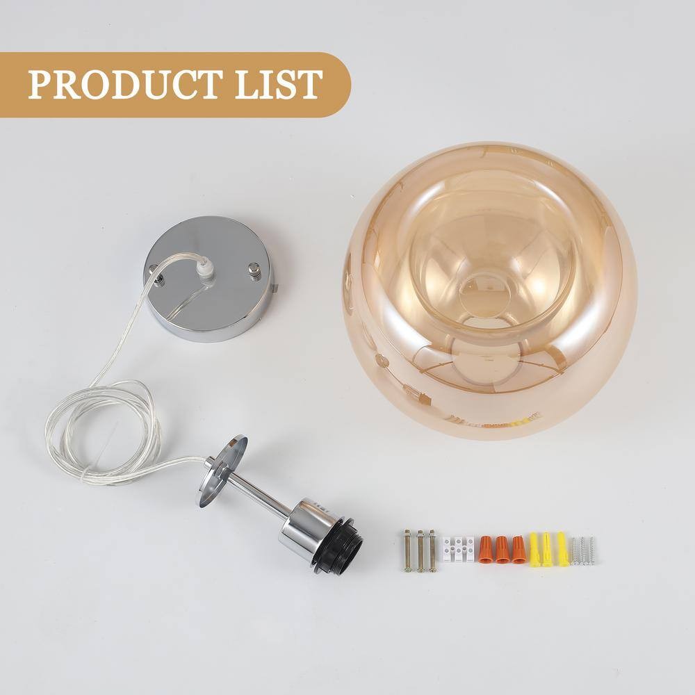 1-Light Chrome Globe Pendant Light Amber Glass for Living Room No Bulbs Included