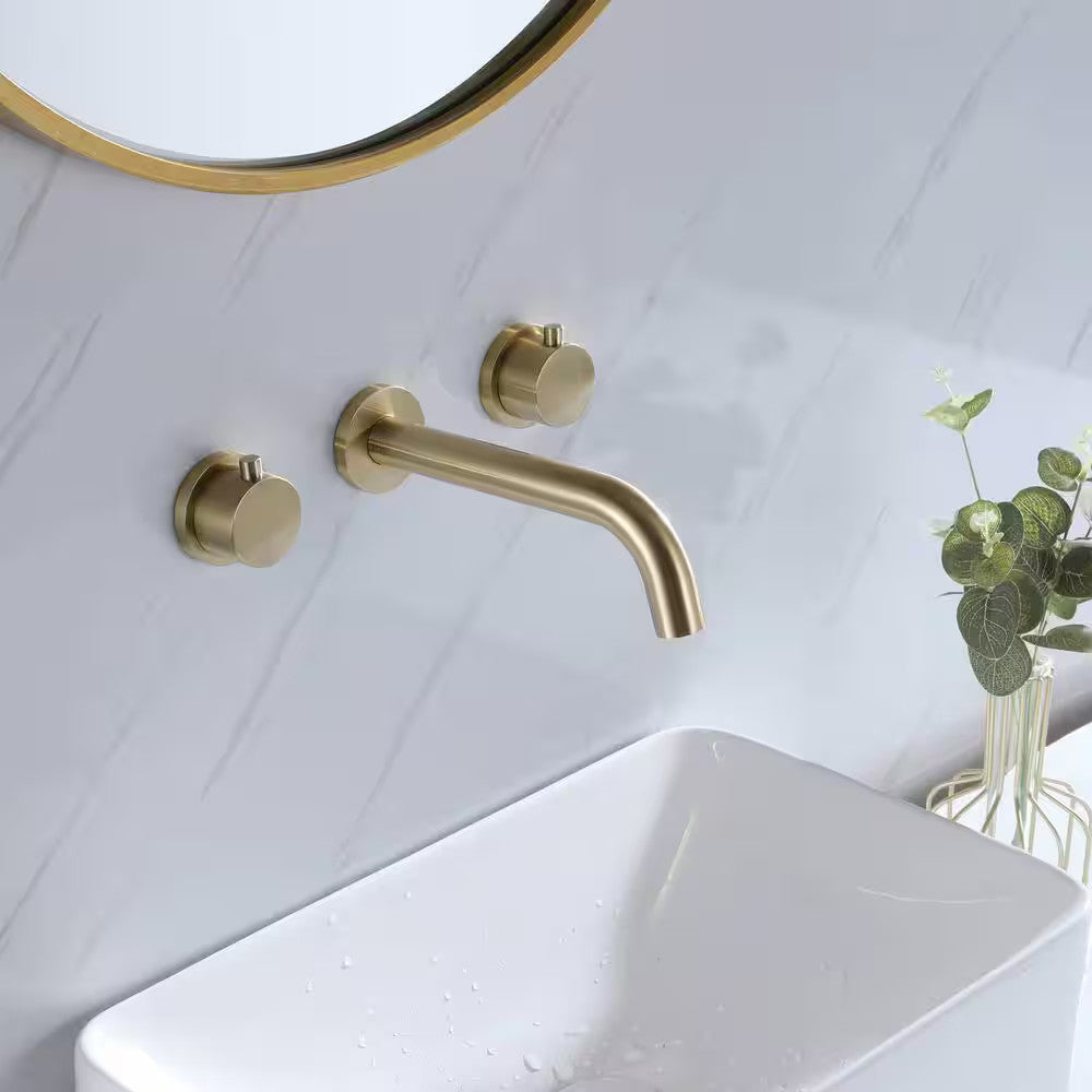 AIMADI Double Handle Wall Mounted Bathroom Faucet with Modern 3-Hole Brass Basin