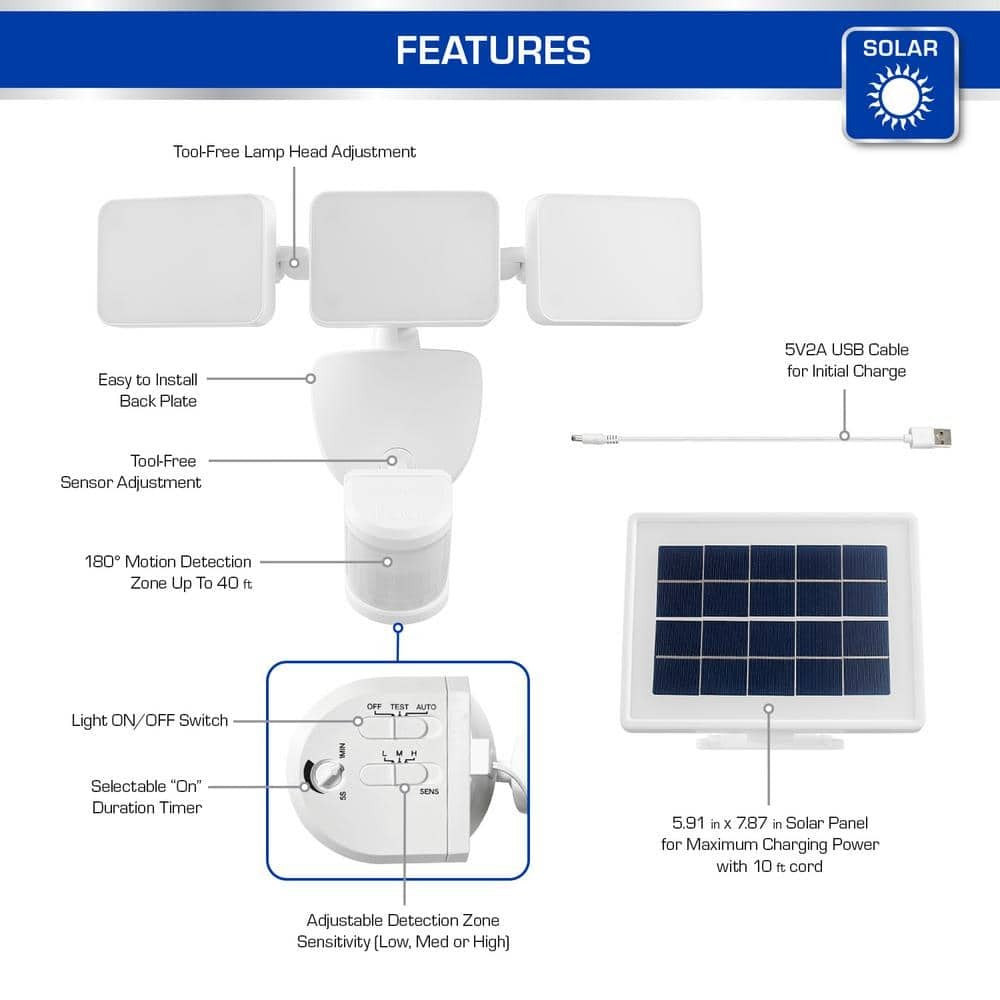 Defiant 180° White Motion Security Light Solar Outdoor Flood Light 2100 Lumens