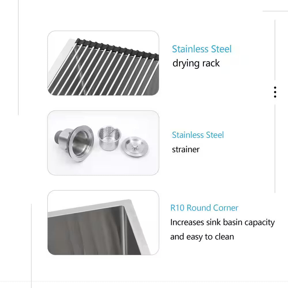 27" Single Bowl Stainless Steel Farmhouse Kitchen Sink, Bottom Grid and Strainer