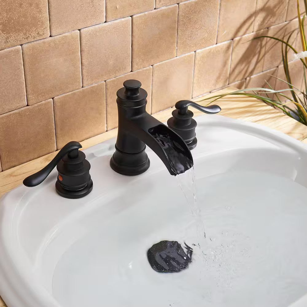 BWE A-96556-S-Black 8" Waterfall Widespread 2-Handle Bathroom Faucet + Pop Up BR