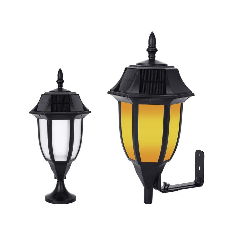 Black Solar Wall or Pillar LED Outdoor Light Sconce with Amber or White Light