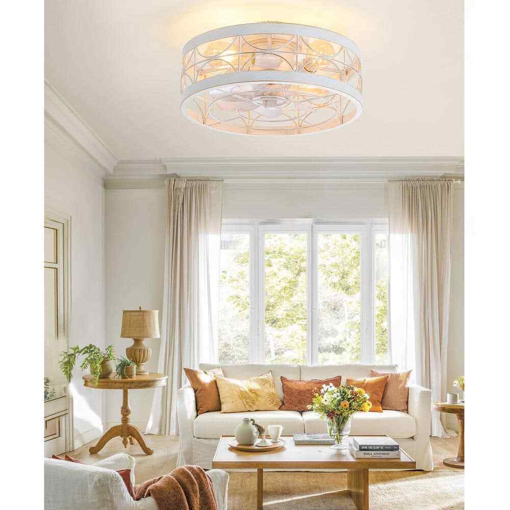 Breezary 16.5 in. White/Gold Caged Flush Mount Ceiling Fan w/ Light & Remote