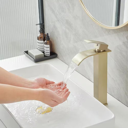 BWE Waterfall Single Hole Single Handle Bathroom Vessel Sink Faucet Brushed Gold