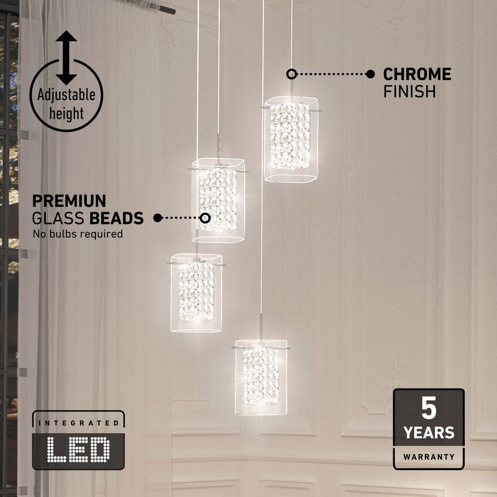 Artika Crystal Cube 4 Light Chrome Modern Integrated LED Pendant Light Fixture