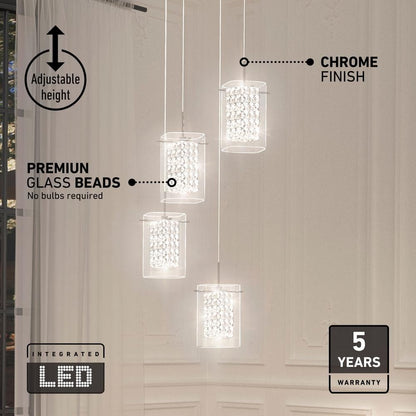 Artika Crystal Cube 4 Light Chrome Modern Integrated LED Pendant Light Fixture