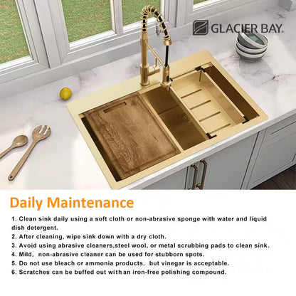 32" Undermount Gold Stainless Steel Workstation Kitchen Sink with Accessories
