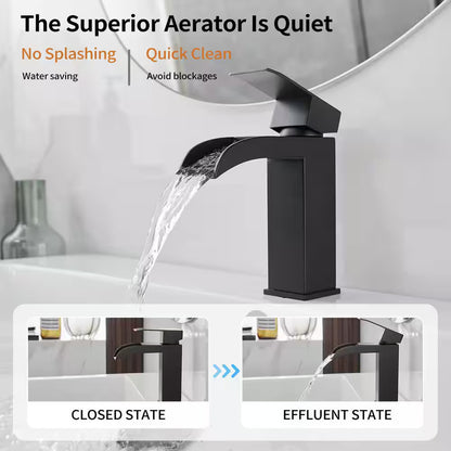 BWE Waterfall Single Handle Single Hole Bathroom Faucet Pop up Drain Matte Black