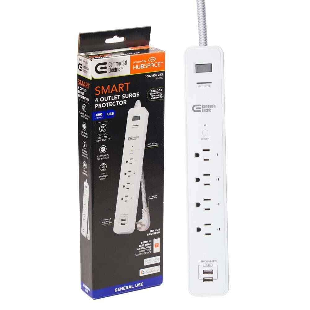 Commercial Electric 3 ft. 4-Outlet White Surge Protector Smart with USB Hubspace