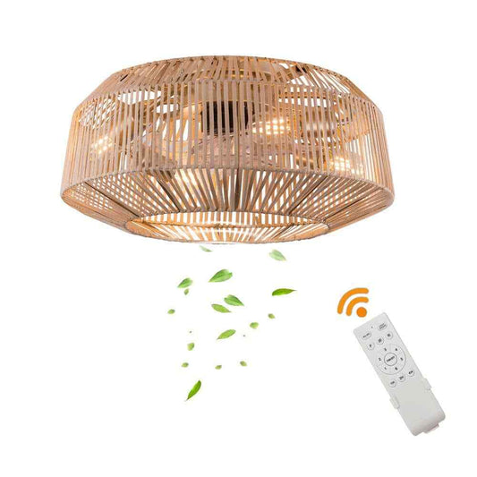 18.9 in. Brown Rattan Caged Bladeless Ceiling Fan w/ Reversible Motor & Remote 