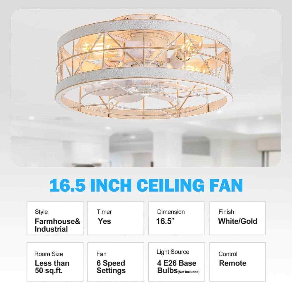 Breezary 16.5 in. White/Gold Enclosed Flush Mount Ceiling Fan w/ Light & Remote