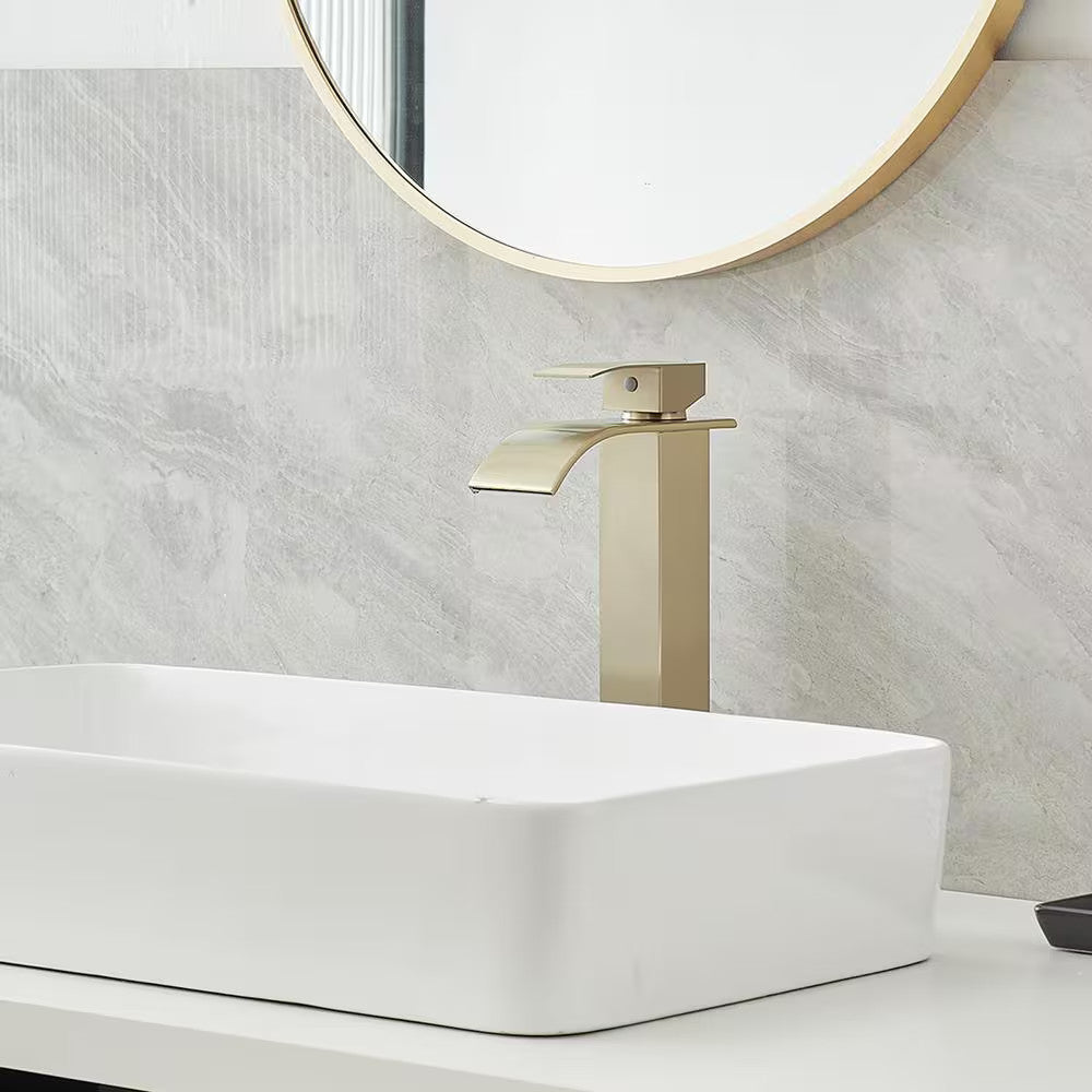 BWE Waterfall Single Hole Single Handle Bathroom Vessel Sink Faucet Brushed Gold