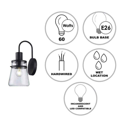 Bel Air Lighting 1 Light Black Outdoor Wall Light Fixture with Seeded Glass