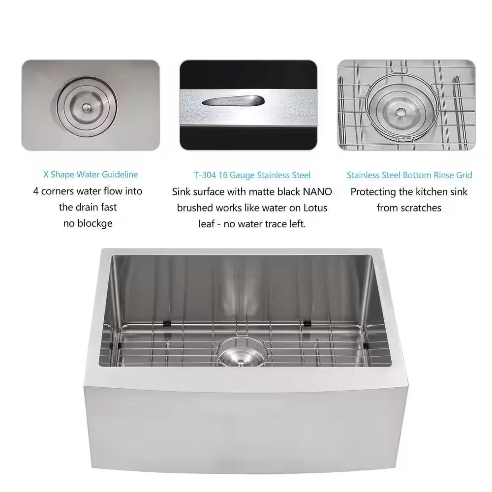 27" Single Bowl Stainless Steel Farmhouse Kitchen Sink, Bottom Grid and Strainer