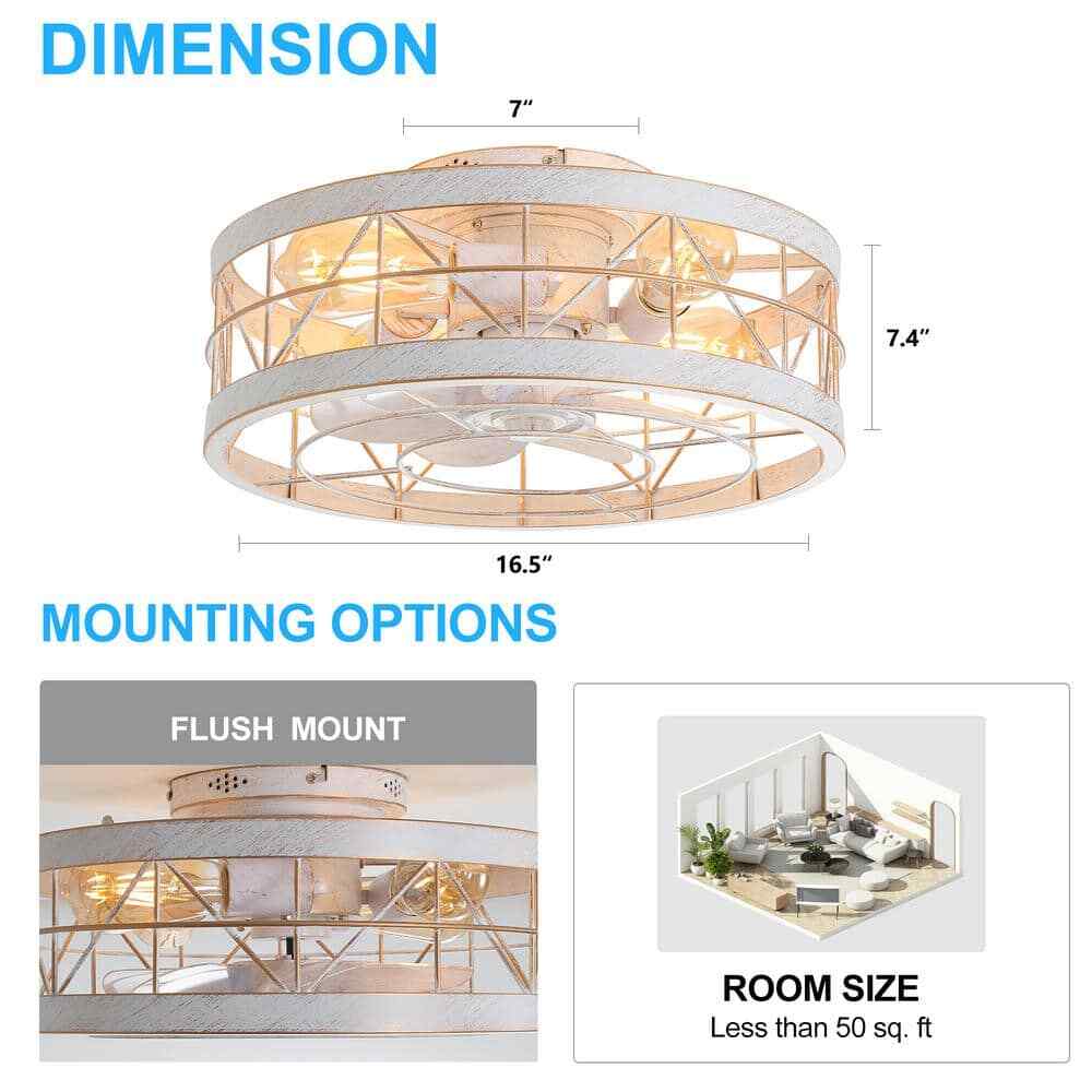 Breezary 16.5 in. White/Gold Enclosed Flush Mount Ceiling Fan w/ Light & Remote