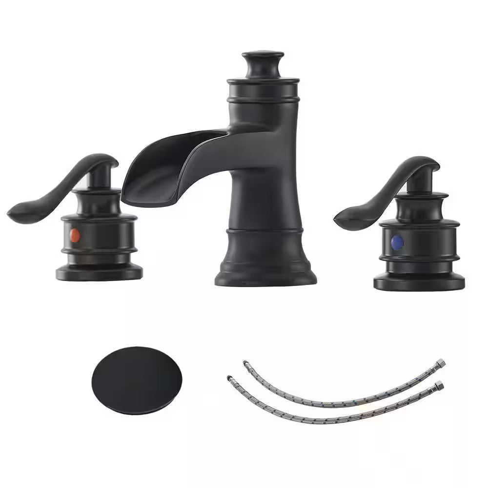 BWE A-96556-S-Black 8" Waterfall Widespread 2-Handle Bathroom Faucet + Pop Up BR