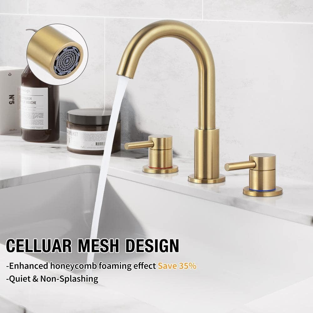 AKLFGN 8 in. Widespread 2-Handle High Arc Bathroom Faucet Drain Kit Brushed Gold