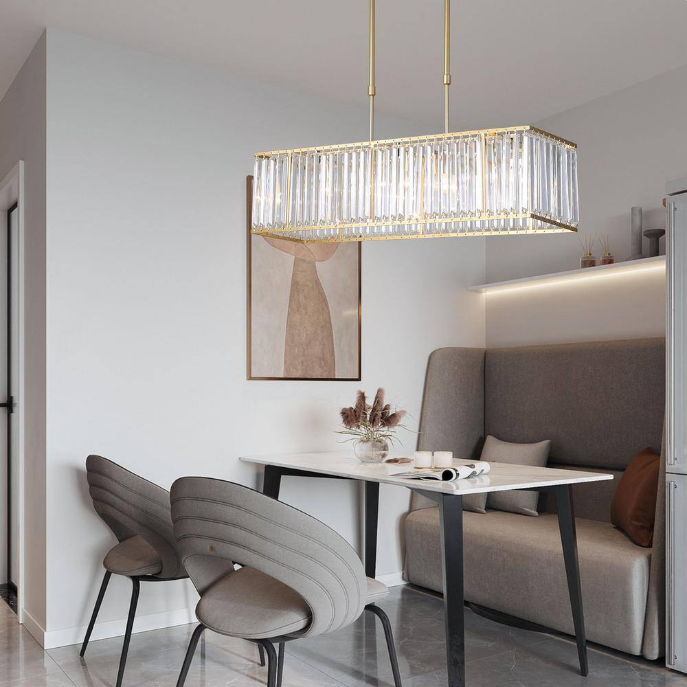 33.5 in. 4-Light Modern Gold Rectangular Chandelier w/ Transparent Crystal Shade