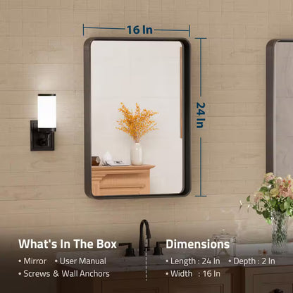 16 in. W x 24 in. H Aluminum Framed Wall Mount Bathroom Vanity Mirror in Black