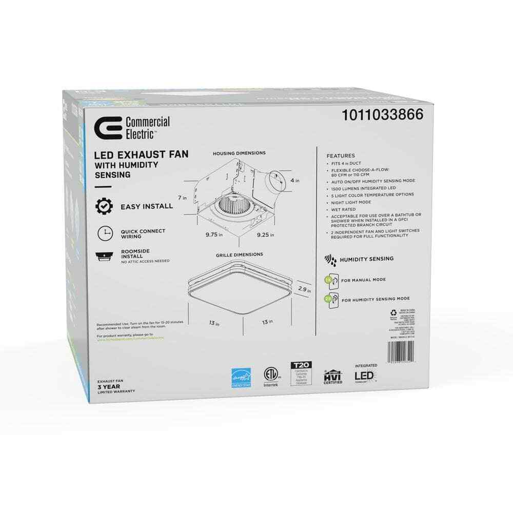 Commercial Electric 80 /110 CFM Bathroom Exhaust Fan w/ Light & Humidity Sensor