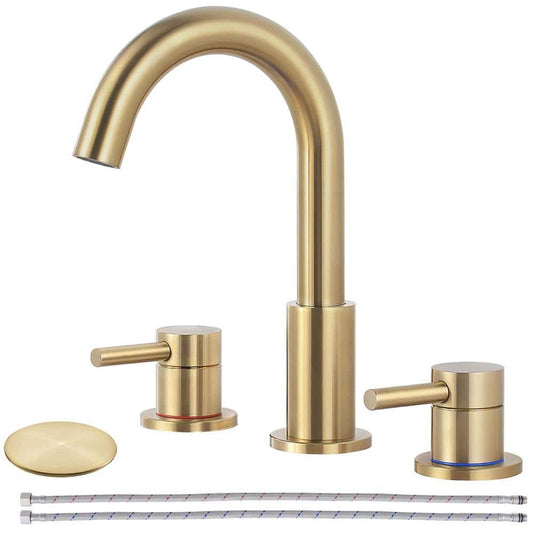 AKLFGN 8 in. Widespread 2-Handle High Arc Bathroom Faucet Drain Kit Brushed Gold