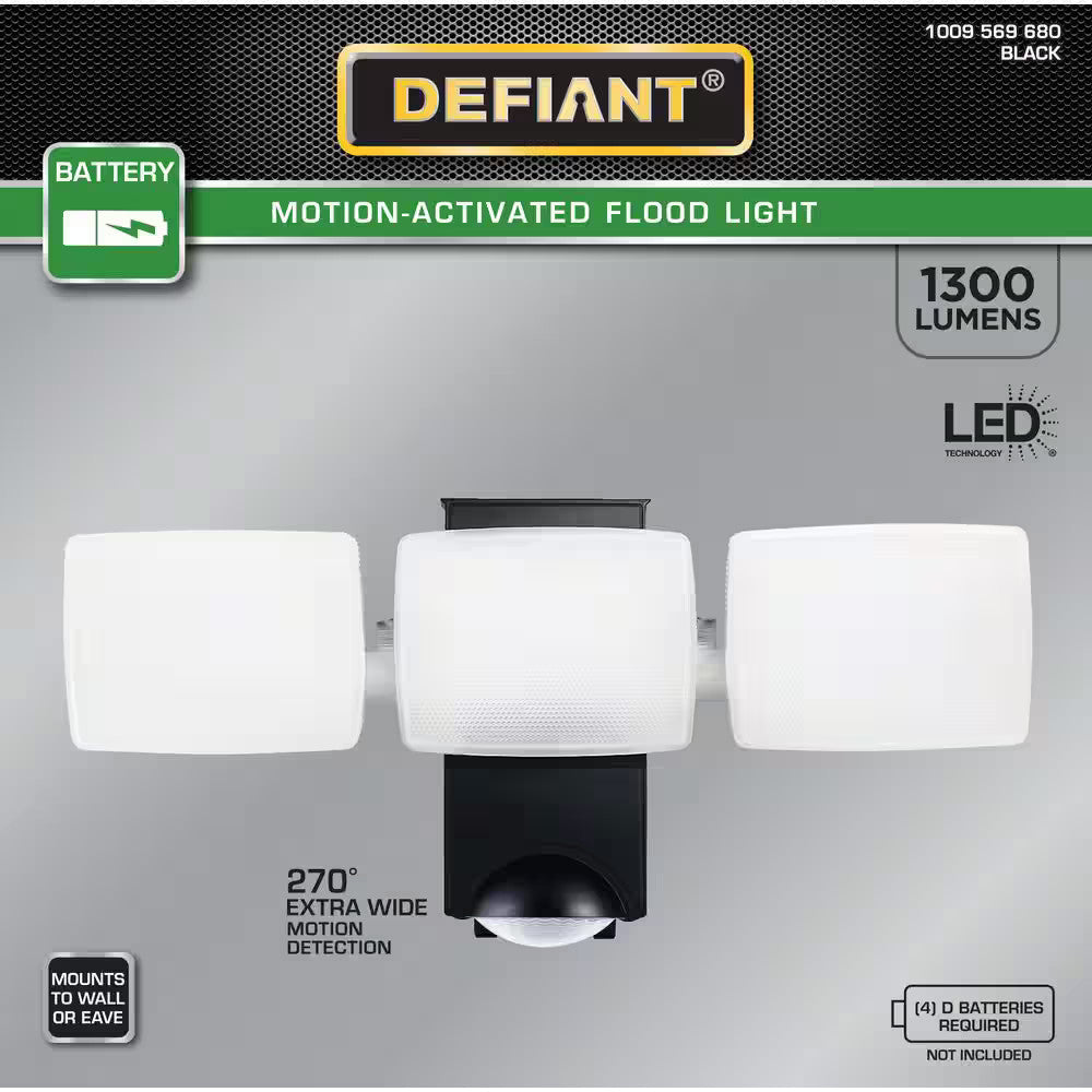 Defiant 270° Black Motion Sensor Battery Powered Outdoor 3-Head Flood Light