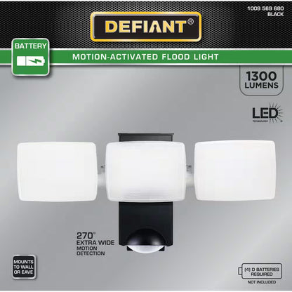 Defiant 270° Black Motion Sensor Battery Powered Outdoor 3-Head Flood Light